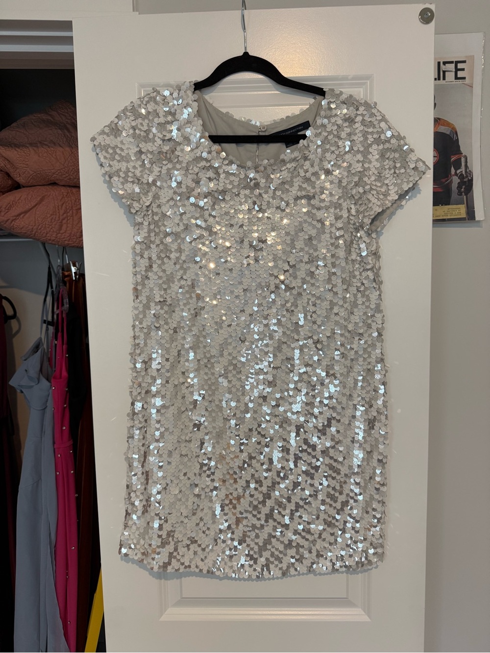 French Connection White and Silver Sequin Mini Dress